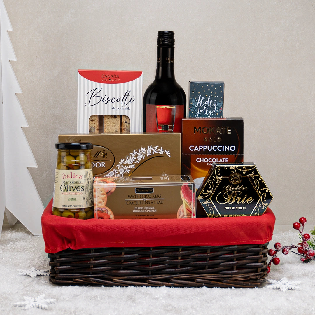 Timeless Vintage wicker gift basket with Pelee Island red wine, Lindt Lindor, maple biscotti, cappuccino and olives