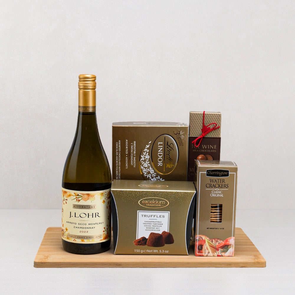 Gold Reserve Wine and Chocolate Duo gift set with J. Lohr Chardonnay, Lindt Lindor, Excelcium truffles and icewine chocolates