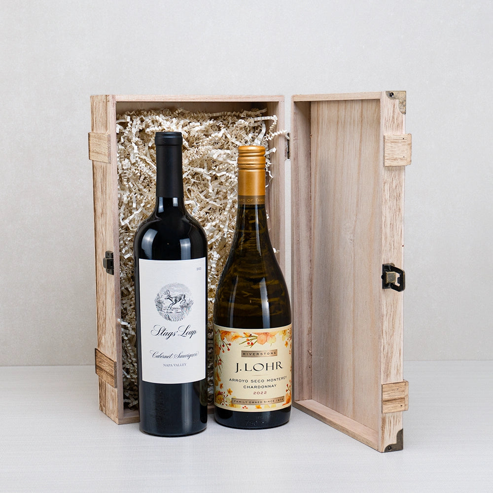 The Vintage Wine Duo Collection: Stags' Leap Cabernet Sauvignon and J. Lohr Chardonnay in a hinged wooden box