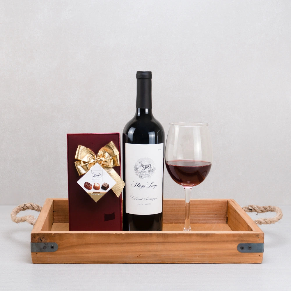 The King's Vintage Cabernet & Chocolate Pairing gift set: Stags' Leap Cabernet Sauvignon and Hamlet chocolates on a wood tray