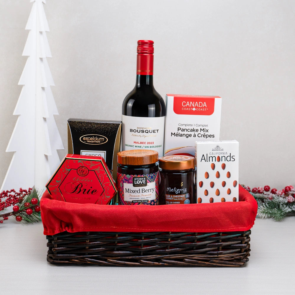 Pancake, Honey, and Wine Gourmet Basket with Bousquet Malbec, pancake mix, Cretan honey, berry preserve and brie spread