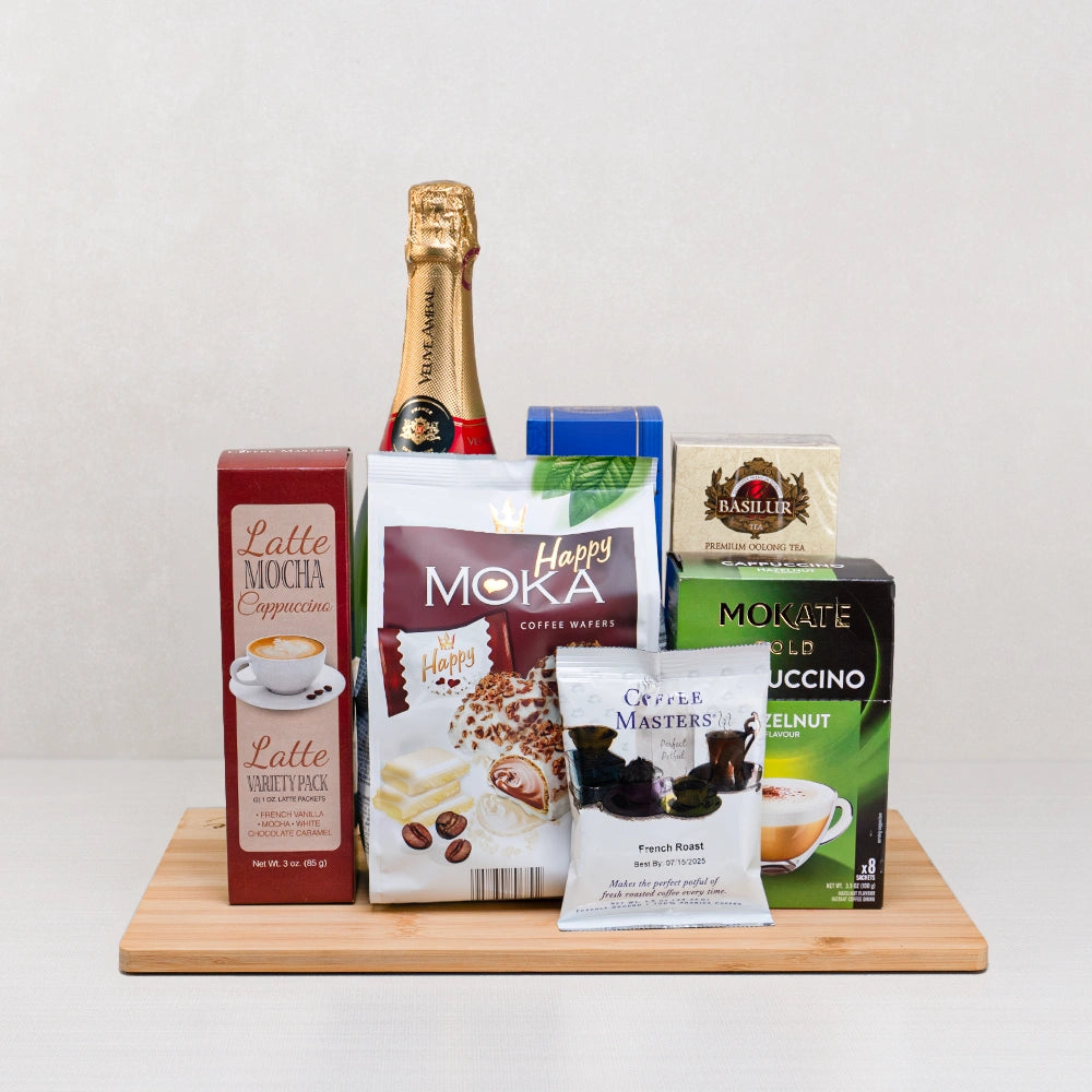 Mocha & Champagne Celebration Set with Veuve Ambal sparkling wine, Happy Moka wafers, latte mixes and hazelnut cappuccino
