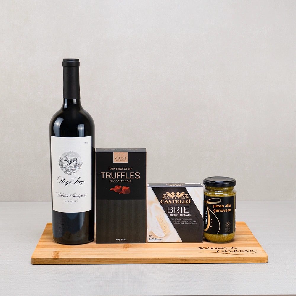 The Monarch’s Vintage Wine & Cheese Pairing gift set with Stags' Leap Cabernet, dark chocolate truffles, brie and pesto