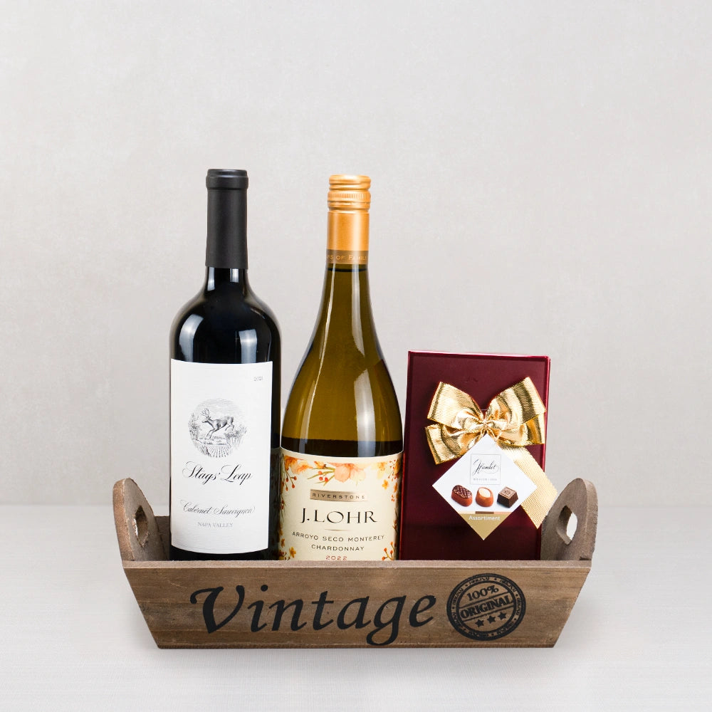 The Royal Vintage Wine Duo & Chocolates gift set with Stags' Leap Cabernet, J. Lohr Chardonnay and Hamlet chocolates