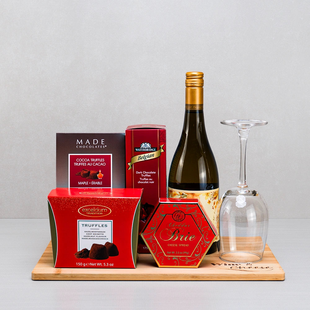 Belgian Chocolate Bliss with Wine & Brie gift set: white wine, a wine glass, Waterbridge truffles and cheddar brie spread