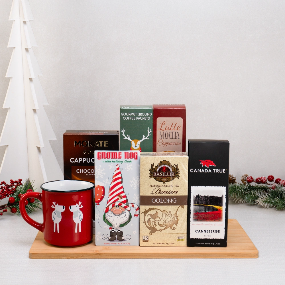 Christmas Morning Coffee & Tea Collection with a red reindeer mug, Gnome Nog, Basilur oolong and Canada True cranberry tea