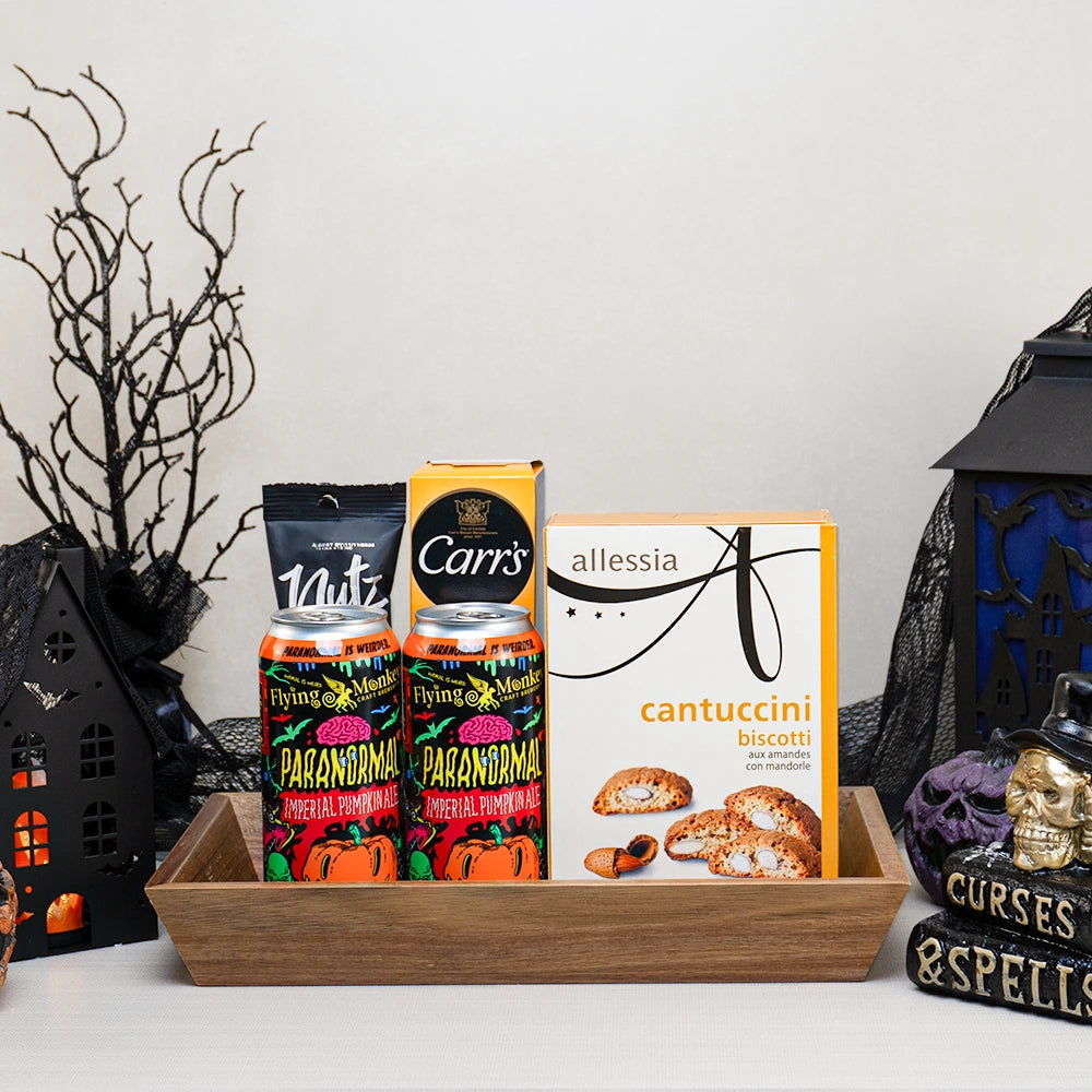 Haunted Hops Basket with two Flying Monkeys Paranormal pumpkin ales, cantuccini, Carr's crackers and nuts in a wooden tray