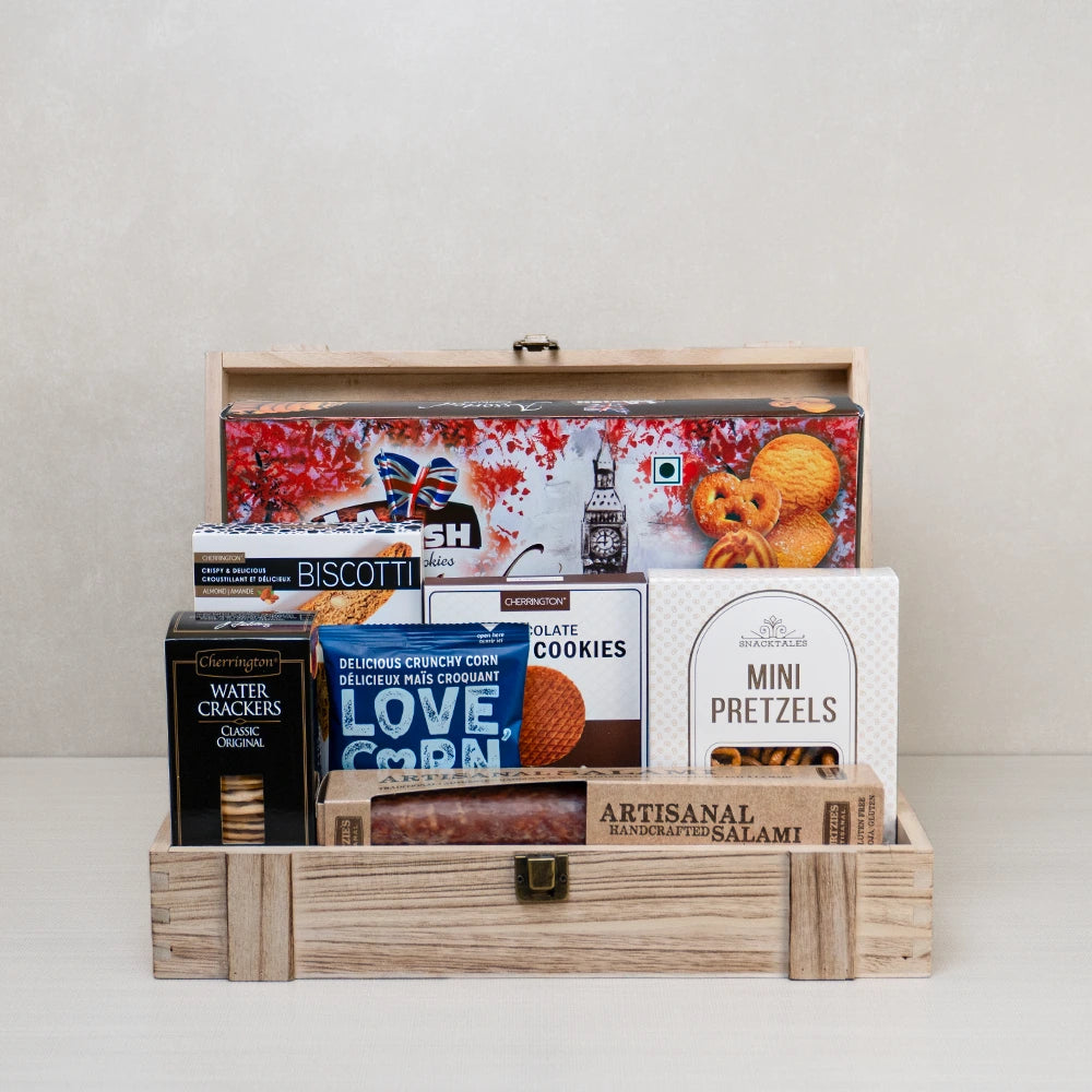Perfect Pairings Wooden Box, a hinged chest with artisanal salami, mini pretzels, British butter cookies and Love Corn