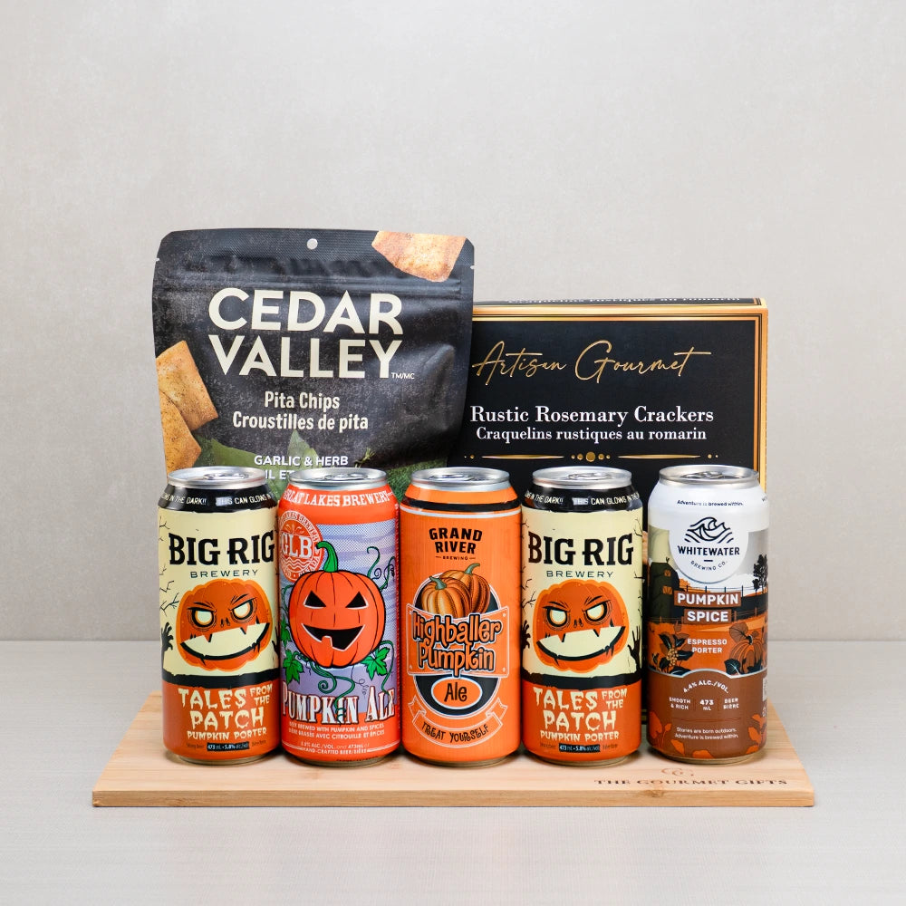 Pumpkin Ale Festive Tray: five pumpkin ales and porters, including Big Rig and Grand River, with pita chips and crackers