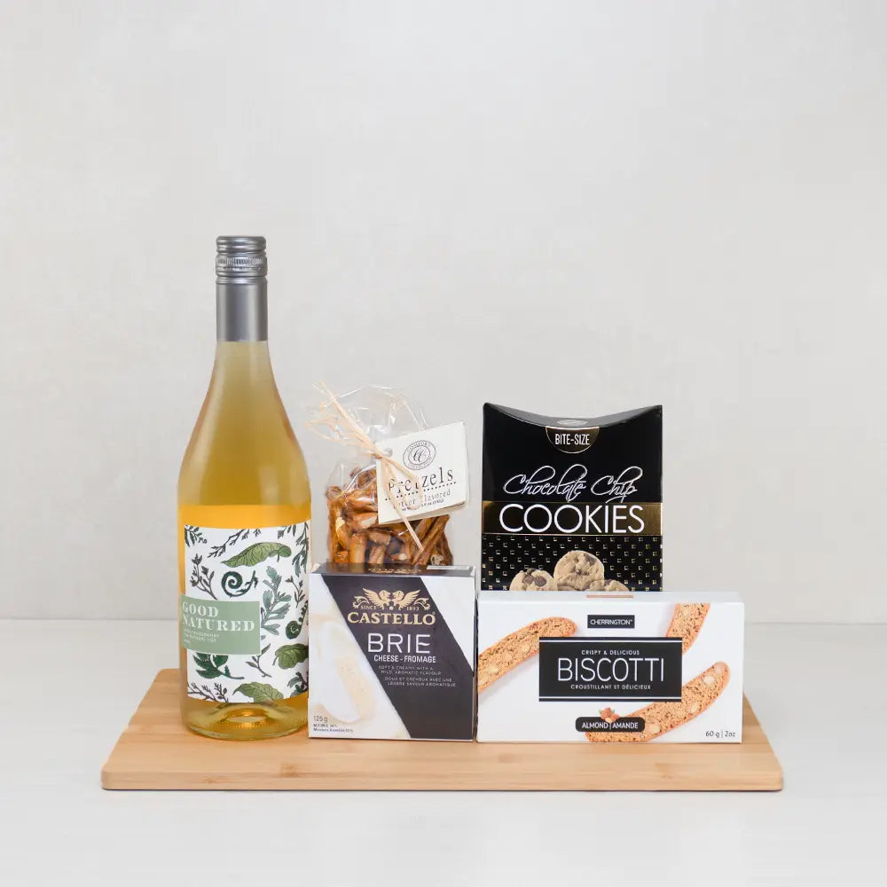 Savor & Celebrate Set with Good Natured white wine, Castello brie, almond biscotti, chocolate chip cookies and pretzels