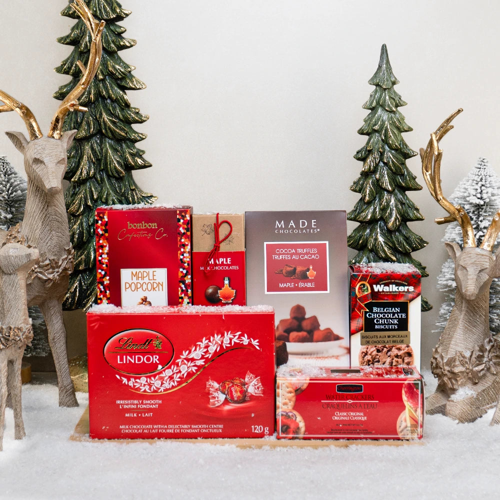 Season’s Sweetest Basket with Lindt Lindor, Made maple cocoa truffles, maple popcorn and Walkers chocolate chunk biscuits