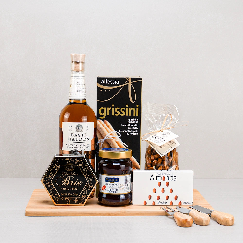 Sweet Artisan Liquor And Cheese Pairing gift set with Basil Hayden bourbon, cheddar brie spread, grissini and cheese knives