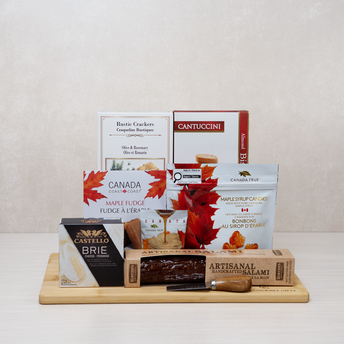 Thanksgiving Gathering Gift Basket with Castello brie, artisanal salami, rosemary crackers, maple fudge and maple candies