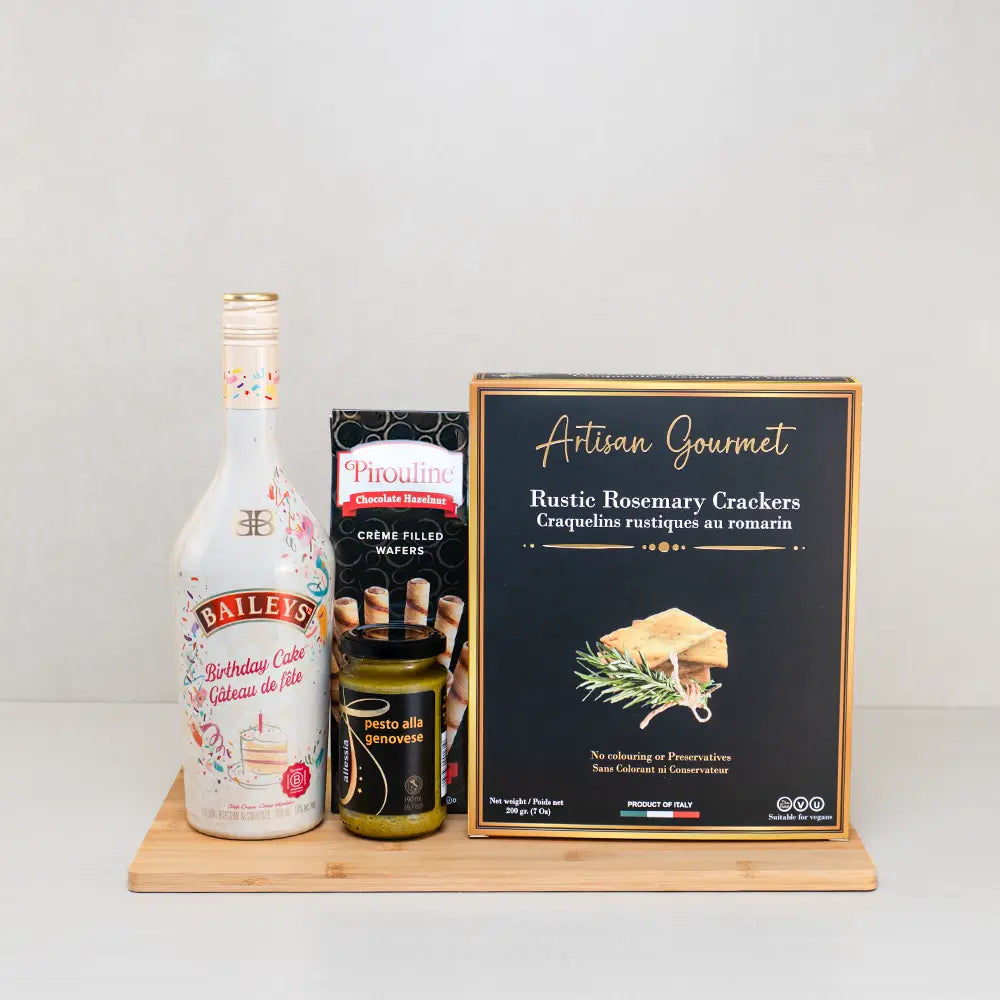 The Baileys Celebration Reserve gift set with Baileys Birthday Cake, Pirouline wafers, basil pesto and rosemary crackers