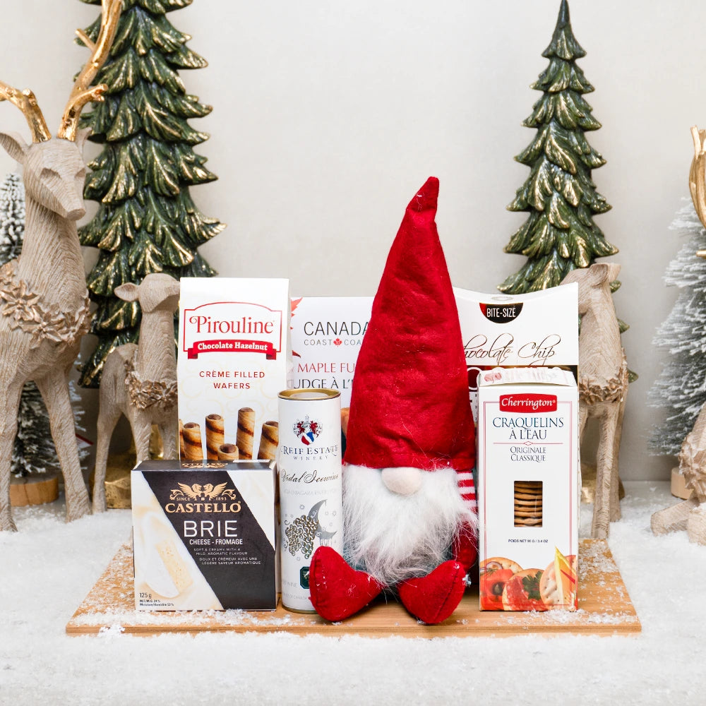 The Jolly Gnome Basket with Reif Estate Vidal icewine, a plush gnome, Castello brie, maple fudge and Pirouline wafers