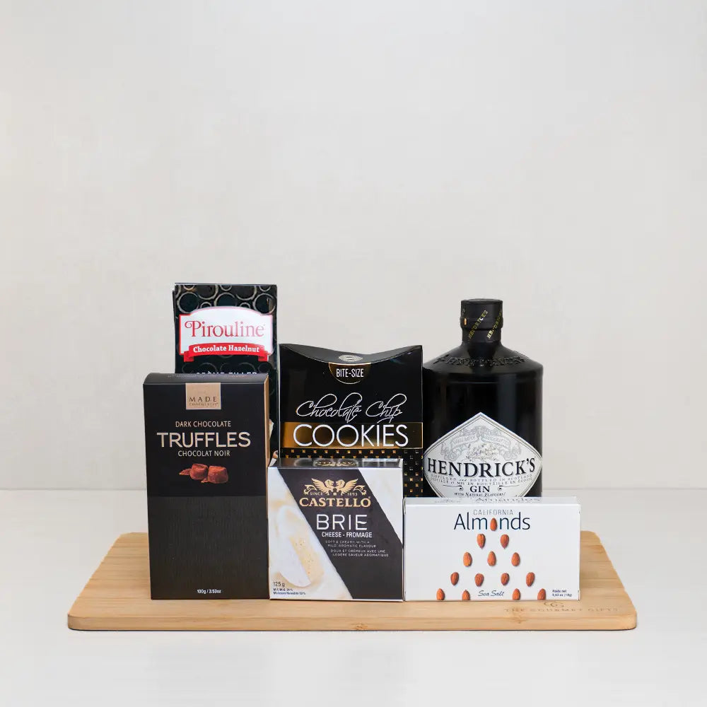 The Signature Gin Pairing Set with Hendrick's gin, Castello brie, dark chocolate truffles, chocolate chip cookies and almonds