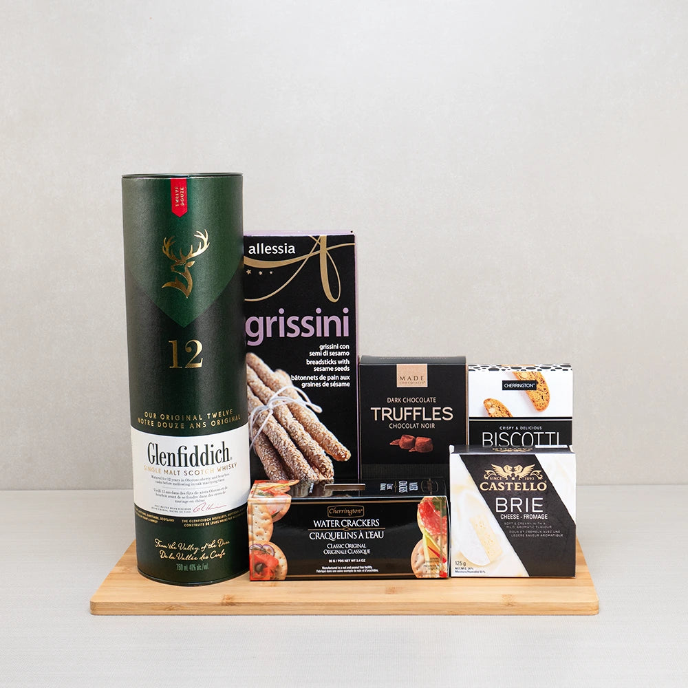 The Glenfiddich Elite Set with Glenfiddich 12 Scotch, Castello brie, sesame grissini, dark chocolate truffles and biscotti