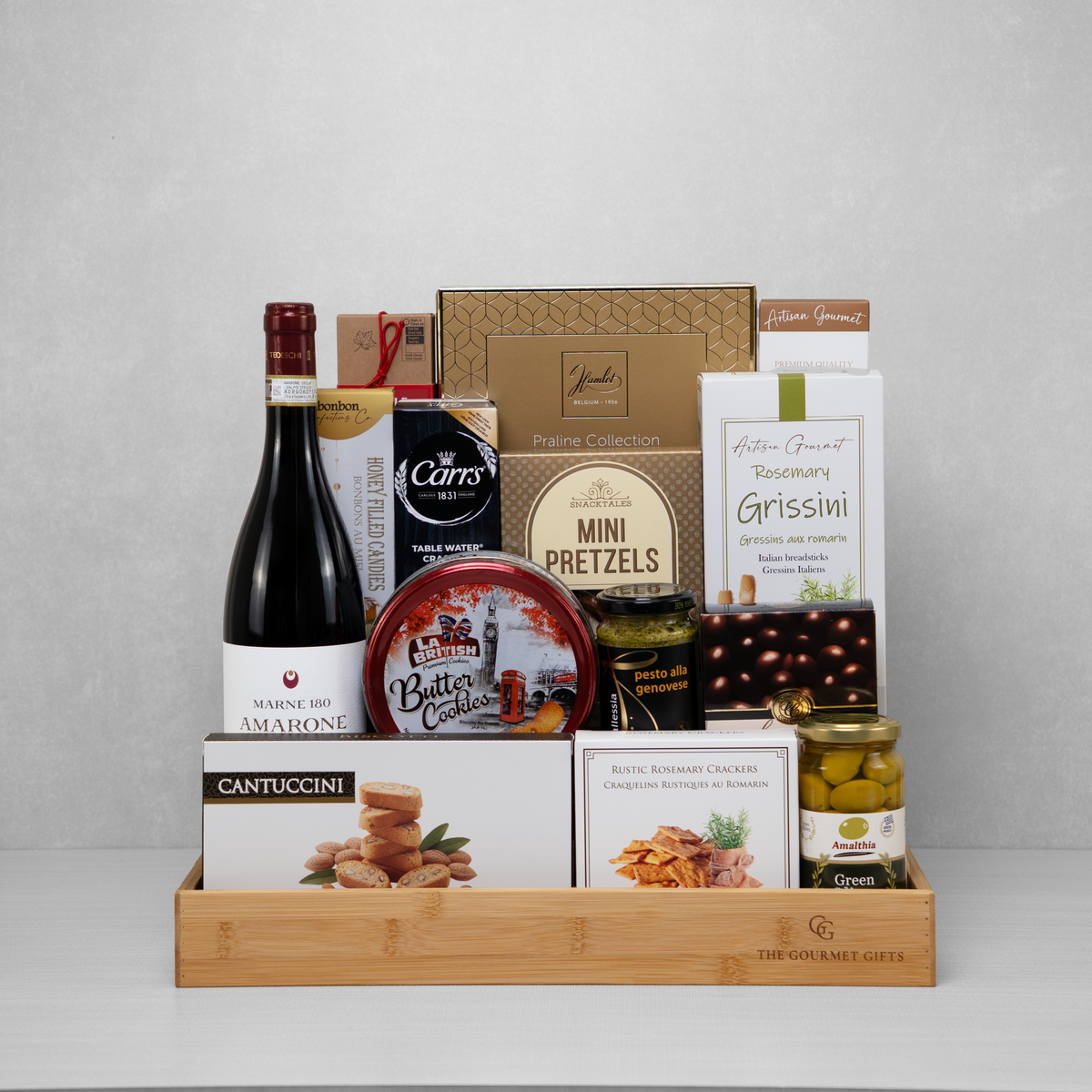 Gourmet Reserve Gift Basket with red wine, coffee, biscotti, and more gourmet snacks.