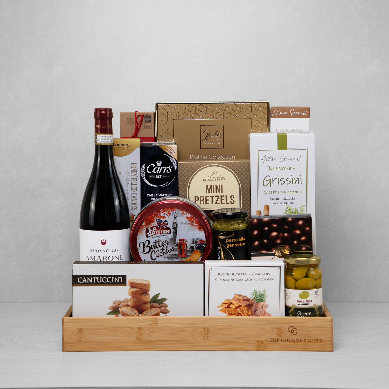 Gourmet Reserve Gift Basket with red wine, coffee, biscotti, and more gourmet snacks.