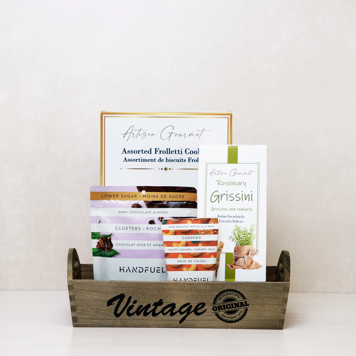 Vegan Gift Basket with Handfuel dark chocolate almond clusters, salted caramel cashews, frolletti cookies and grissini
