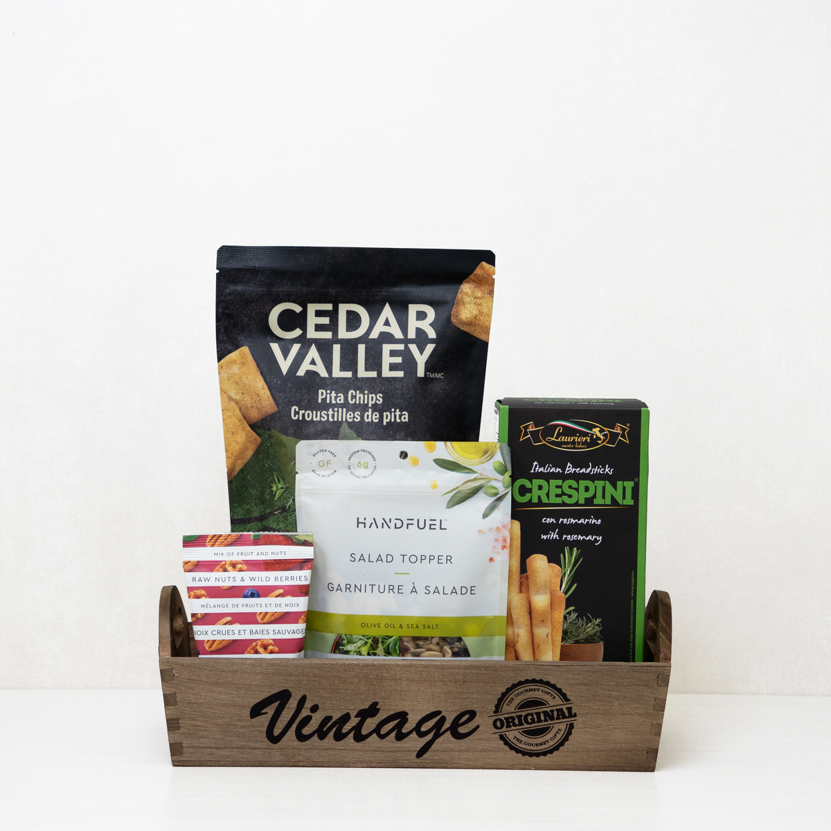 Vegan Gourmet Vintage Tray with Cedar Valley pita chips, Crespini rosemary breadsticks, Handfuel salad topper and nut mix