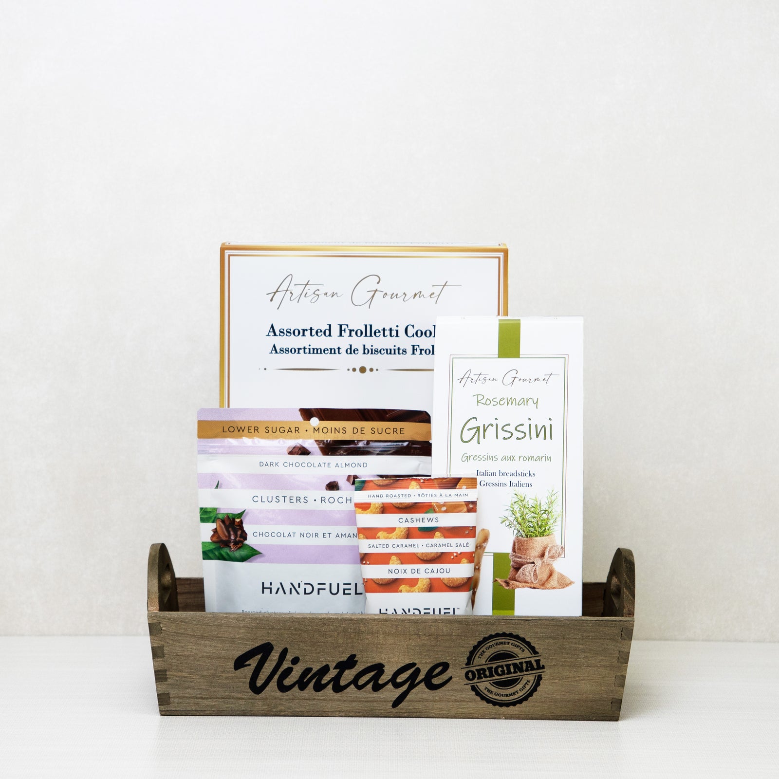 Vegan Gift Basket with chocolate almond clusters, cookies, rosemary breadsticks, and cashews.