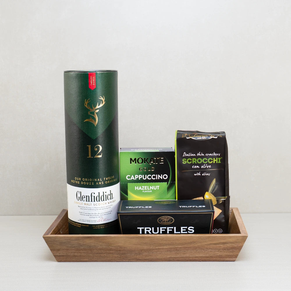 Whisky Warmth & Holiday Treats gift tray with Glenfiddich 12 Scotch, Mokate hazelnut cappuccino, olive crackers and truffles