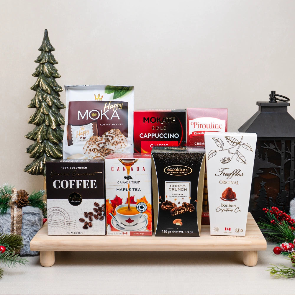 Winter Café Christmas Basket with Colombian coffee, Mokate cappuccino, maple tea, Moka wafers and cocoa truffles