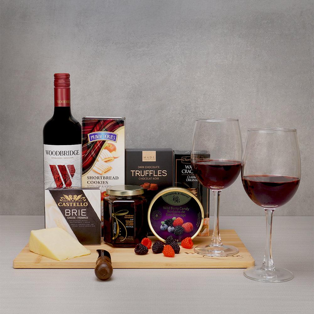 Artisan Flavors Wine & Cheese Set with Woodbridge red wine, two wine glasses, Castello brie, truffles and shortbread