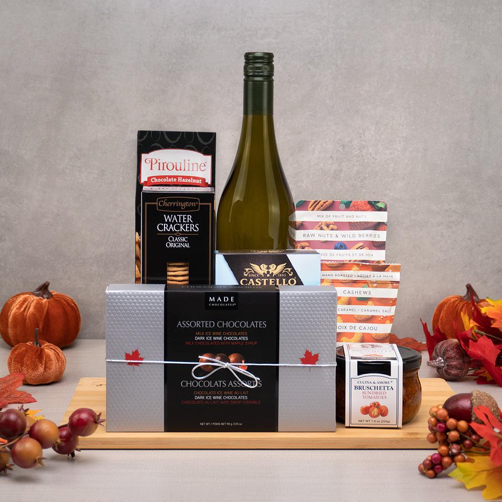 Autumn Celebration Gift Set with white wine, Made ice wine chocolates, Castello brie, nuts and sun-dried tomato bruschetta