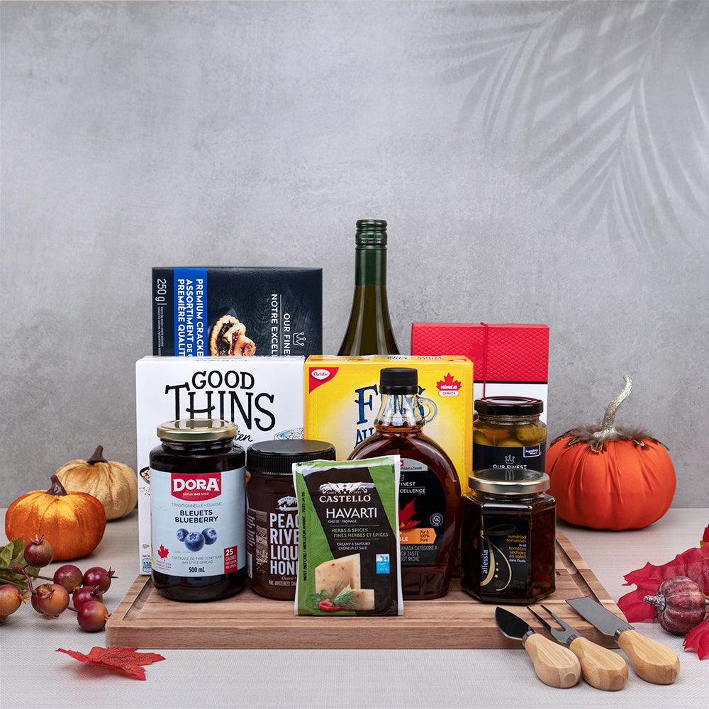 Autumn Glow Wine & Snack Assortment with white wine, Castello Havarti, maple syrup, Peace River honey and blueberry spread
