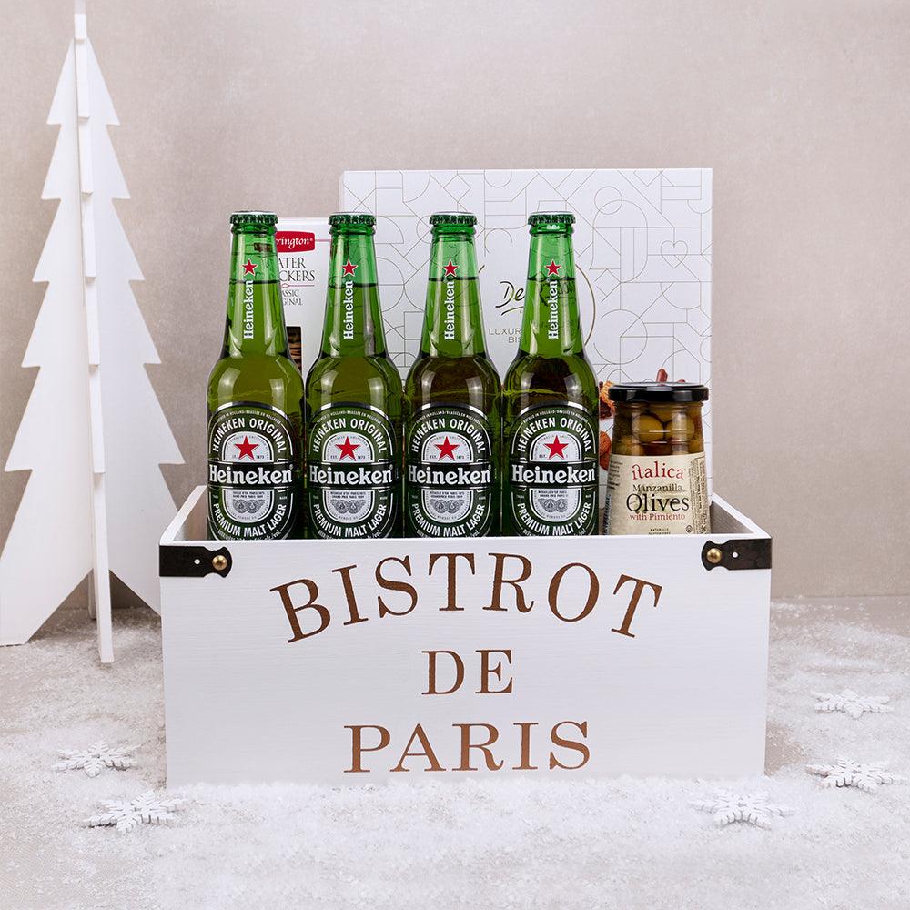 Bistro de Paris Beer Delight white wood gift crate with four Heineken bottles, Desobry Belgian biscuits, olives and crackers