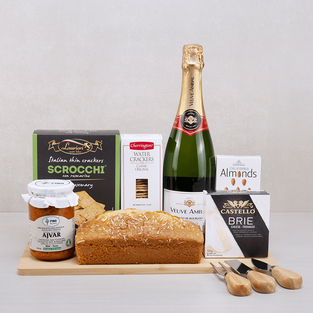Celebratory Feast & Wine Gift Set with Veuve Ambal sparkling wine, coconut pound cake, Castello brie, ajvar and cheese knives