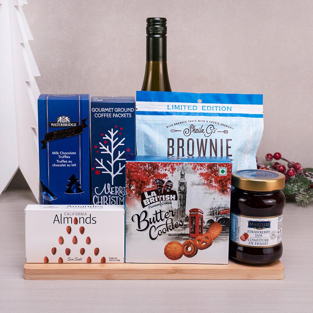 Christmas Morning Gourmet Collection with white wine, Waterbridge truffles, Sheila G's brownie brittle and Martelli jam