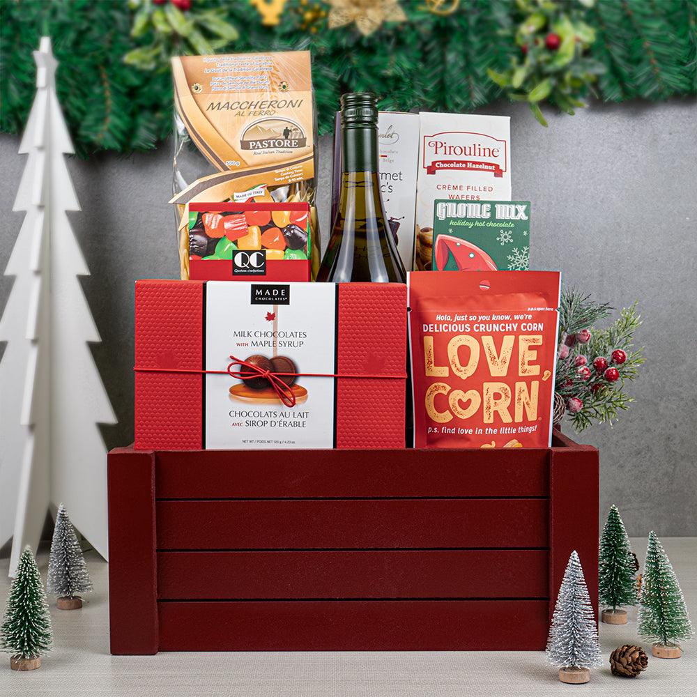 Holiday Snack & Sweets Classic Collection: white wine, Pastore pasta, maple chocolates and Pirouline wafers in a red crate