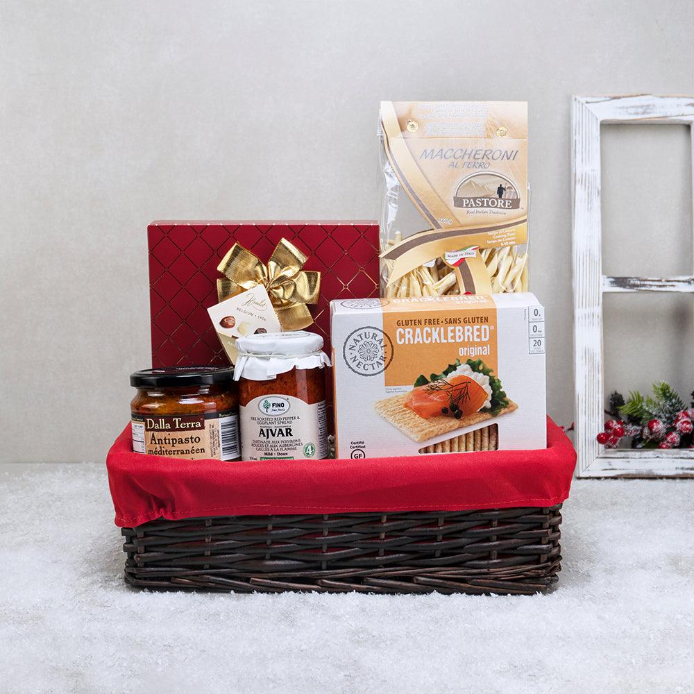 Italian Artisan Gift Hamper with Pastore maccheroni, Hamlet chocolates, Dalla Terra antipasto and ajvar in a willow basket