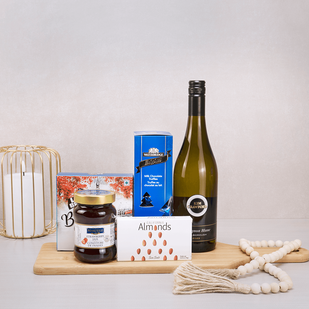 Cookies and Snacking Basket: Kim Crawford Sauvignon Blanc, La British butter cookies, Belgian truffles and strawberry jam