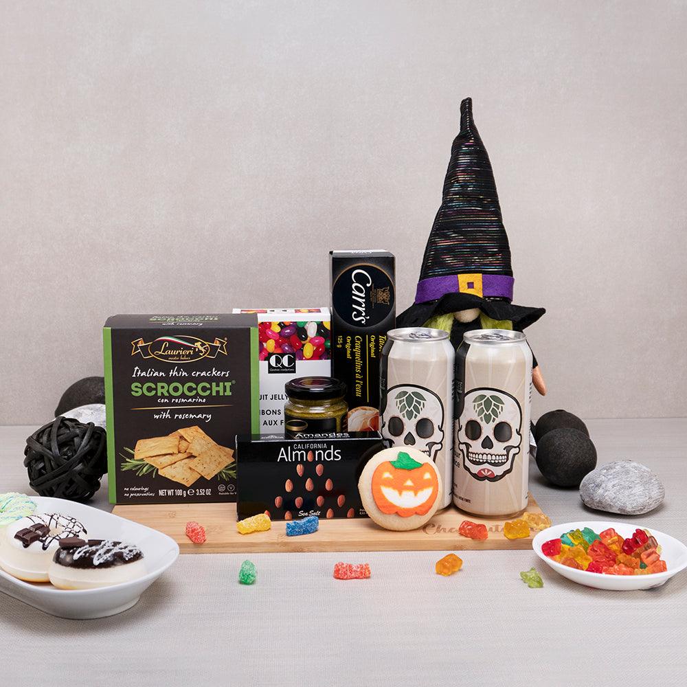 Midnight Munchies Halloween Set with two sugar skull craft beers, a witch hat gnome, a pumpkin cookie and Scrocchi crackers