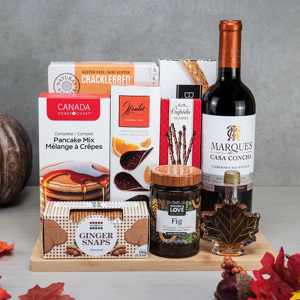 Pancake & Cabernet Gourmet Basket with Casa Concha Cabernet, pancake mix, maple syrup in a leaf bottle and fig preserve