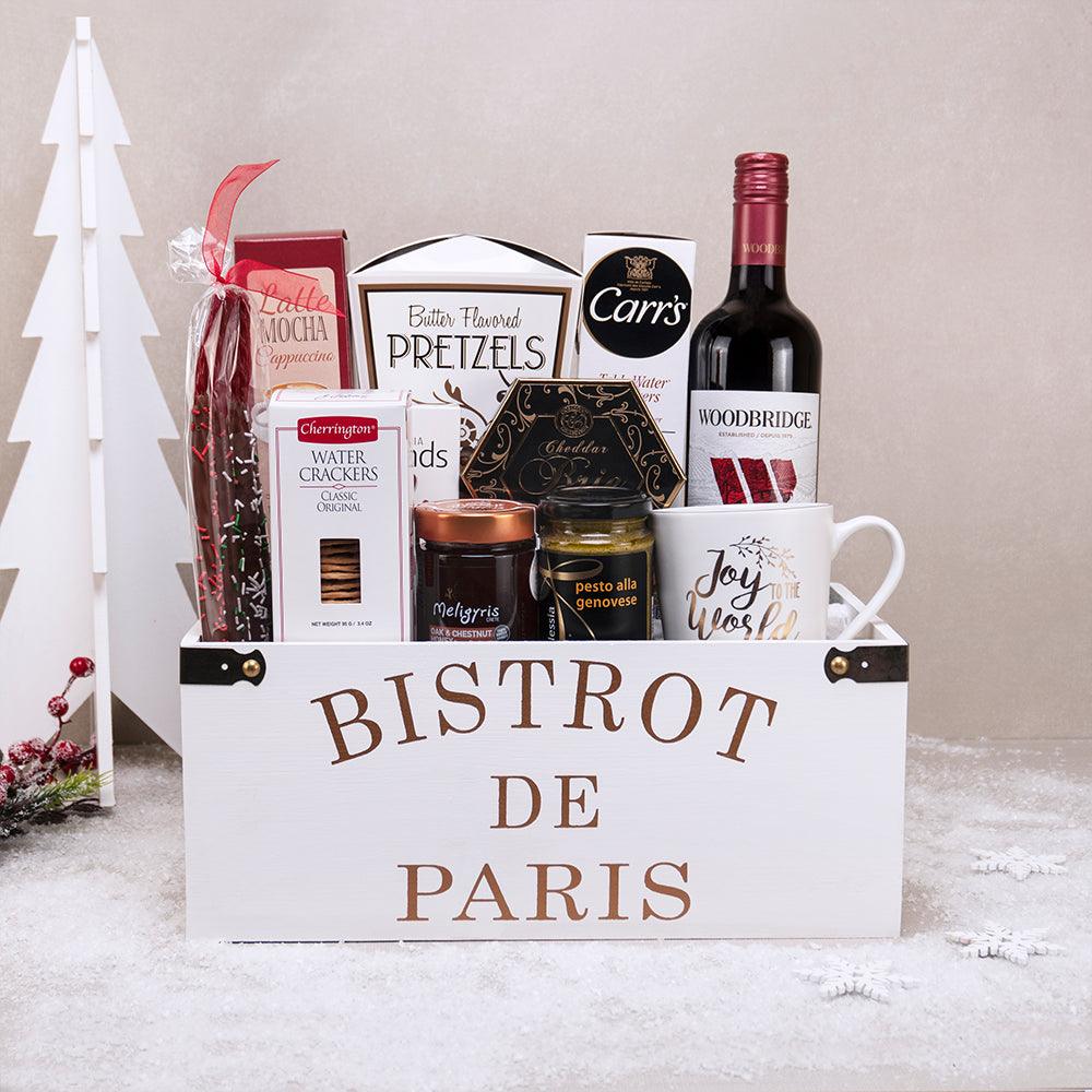 Parisian Holiday Delight Basket with Woodbridge red wine, a Joy to the World mug, honey and pesto in a Bistrot de Paris crate