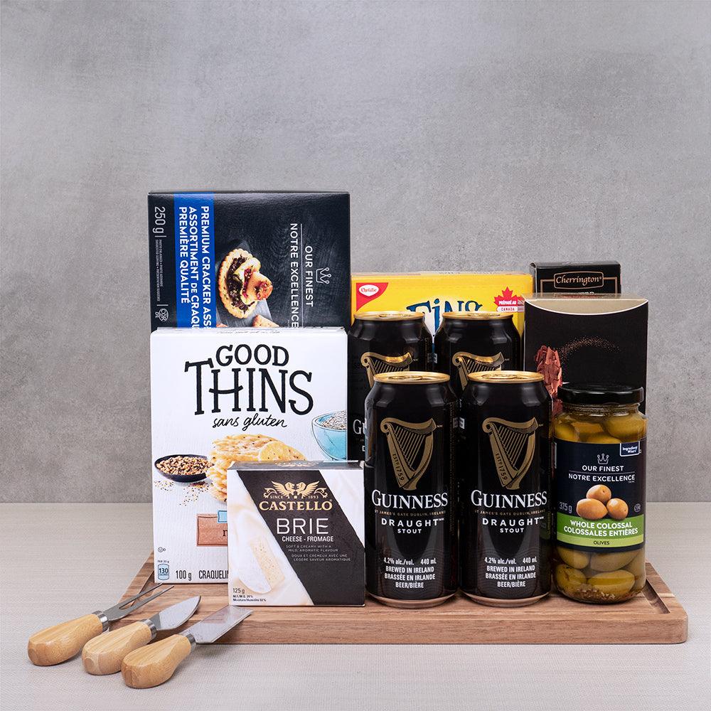 Premium Beer & Gourmet Collection with four Guinness Draught cans, Castello brie, colossal olives and three cheese knives