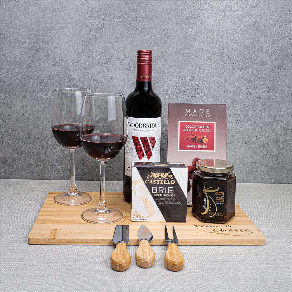 Red Wine & Savory Treats gift set with Woodbridge red wine, two glasses, Castello brie, maple truffles and cheese knives