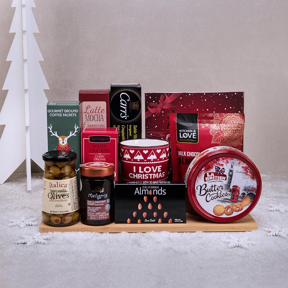 Silent Night Premium Gift Basket with an I Love Christmas mug, butter cookies, Meligyris honey, olives and coffee on a board