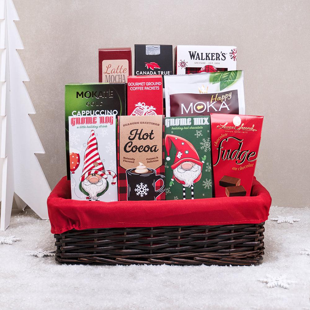 Tea, Cocoa & Cappuccino Indulgence gift basket with hot cocoa, Gnome Nog, Mokate cappuccino, fudge and Walkers shortbread