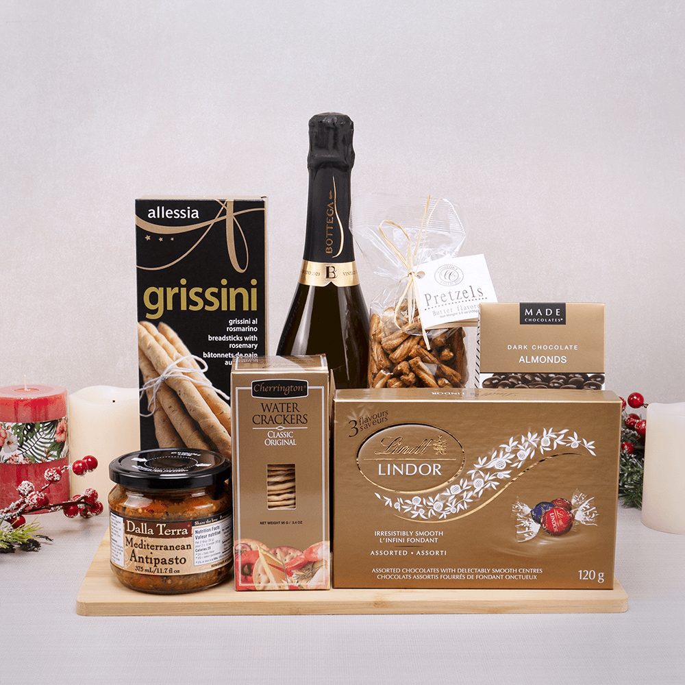The Delish Goodies Basket with Bottega sparkling wine, Lindt Lindor, Dalla Terra antipasto, grissini and chocolate almonds