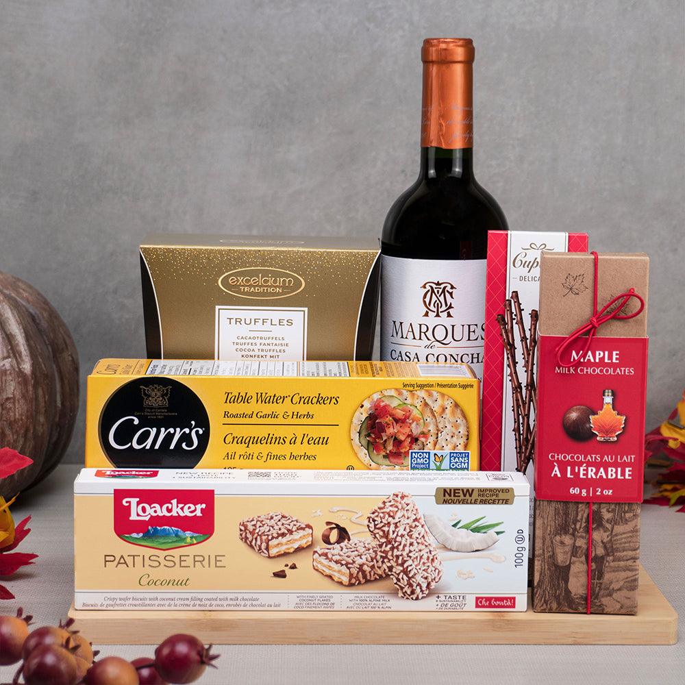 Wine & Sweet Temptations Gift Set with Casa Concha red wine, Excelcium truffles, Loacker coconut wafers and maple chocolates